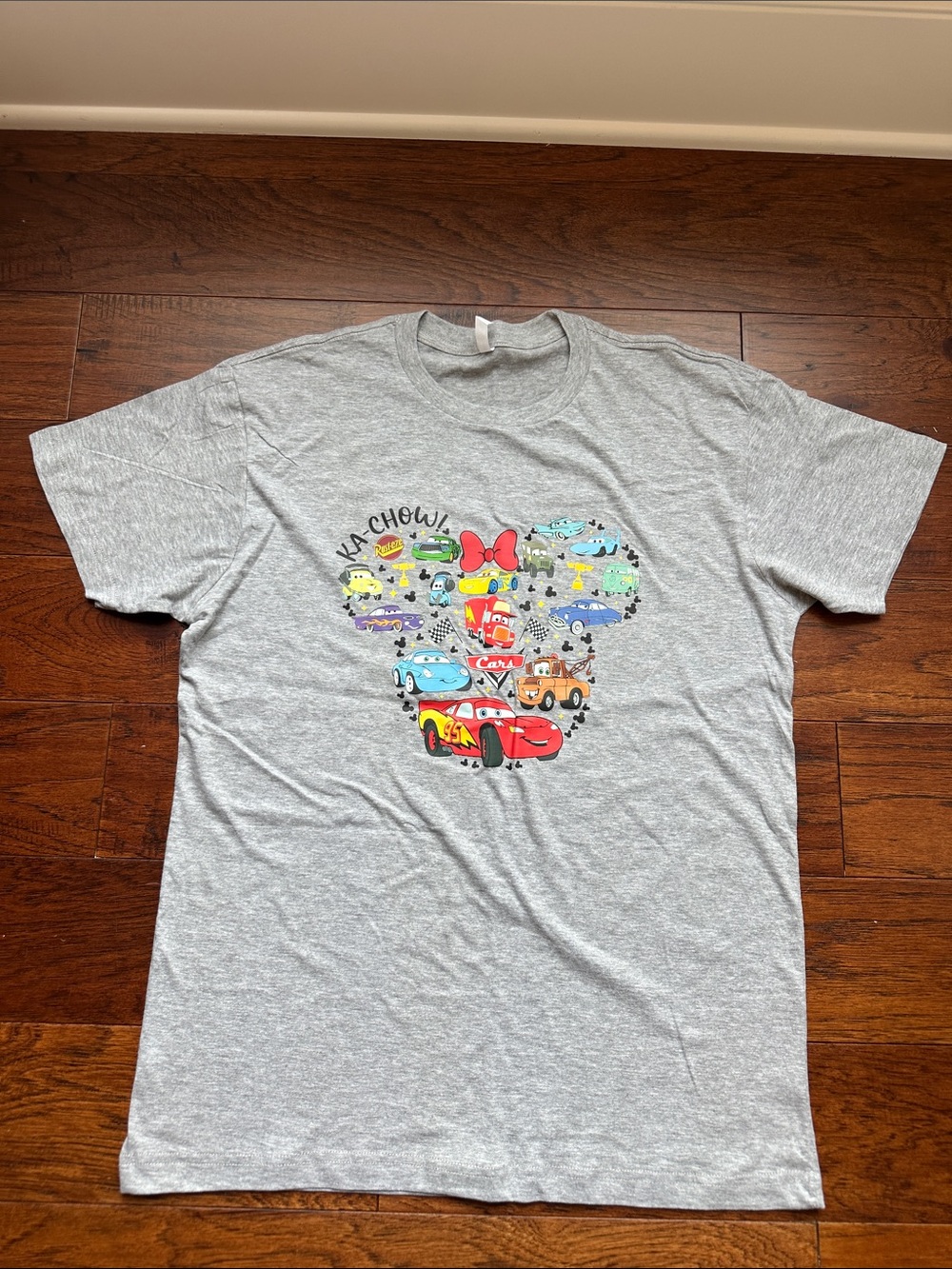 Disney Women’s Light Gray Short Sleeve Tee with Cars Graphic Minnie Silhouette